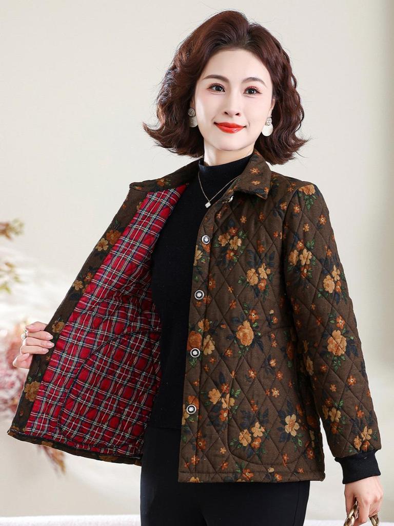 Теплая ретро-куртка с цветочным принтом и стеганой отделкой для женщин среднего и пожилого возраста - Короткая, утепленная, хлопковая