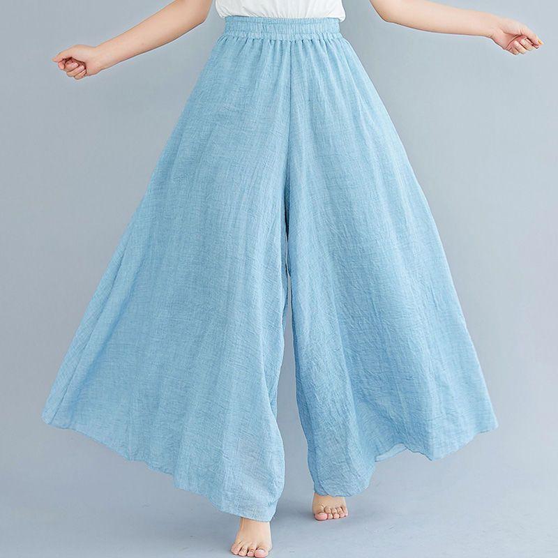 Artistic Cotton Wide Leg Pants for Women's Summer Loose and Casual Solid Color Big Swing High Waist Retro Yoga Pants Skirt