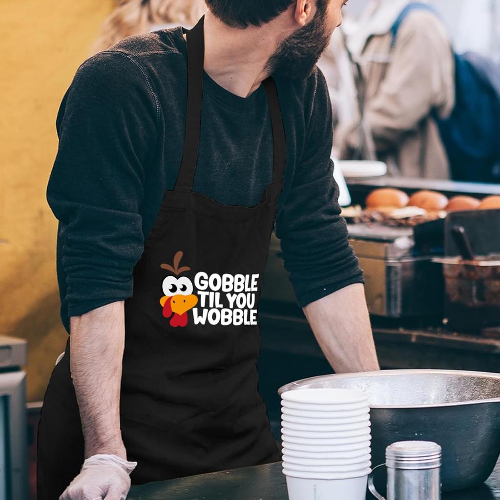 Thanksgiving Aprons for Women Men with Pockets, Gobble Til you Wobble Turkey Apron, Cooking Grill Gifts for Dad Mom