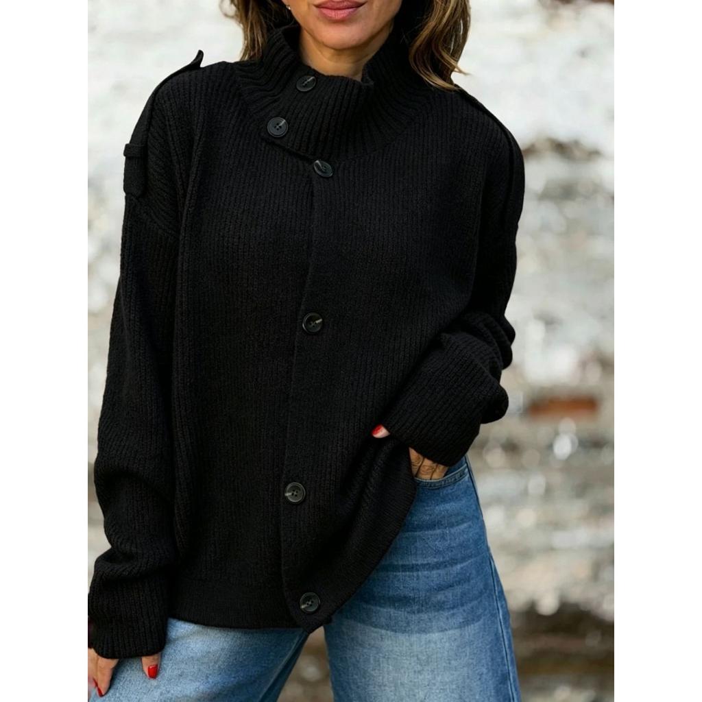 Fall Winter New Women's High Neck Button Down Knit Cardigan Sweater Coat Fashion Knitwear For European American Crossborder
