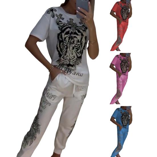2 Pcs/Set Women T-shirt Pants Set Tiger Print Round Neck Short Sleeves Top Ankle-banded Elastic Waist Trousers Casual Daily Wear Outfit