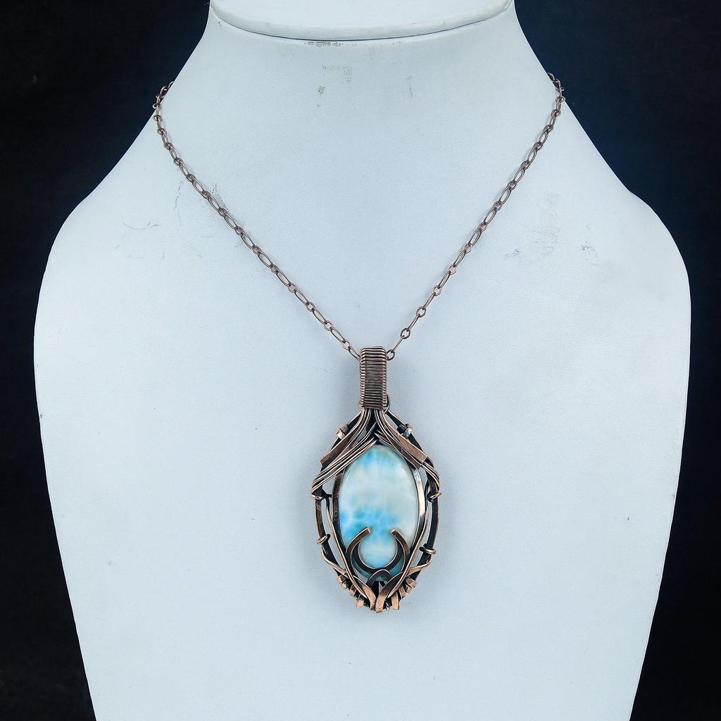 Подвеска с ларимаром, Ювелирное изделие из драгоценного камня, Подвеска, обернутая медной проволокой 999 пробы, Украшения ручной работы, Подвеска с камнем рождения, Подарок для него