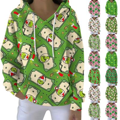 Женский свободный и удобный свитшот с V-образным вырезом на кулиске, с длинными рукавами и рождественским принтом