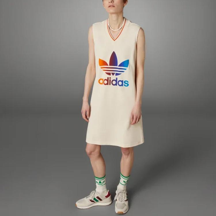 adidas Оригинальное женское платье без рукавов с логотипом 70-х годов с V-образным вырезом и принтом букв, бежевое IK7862