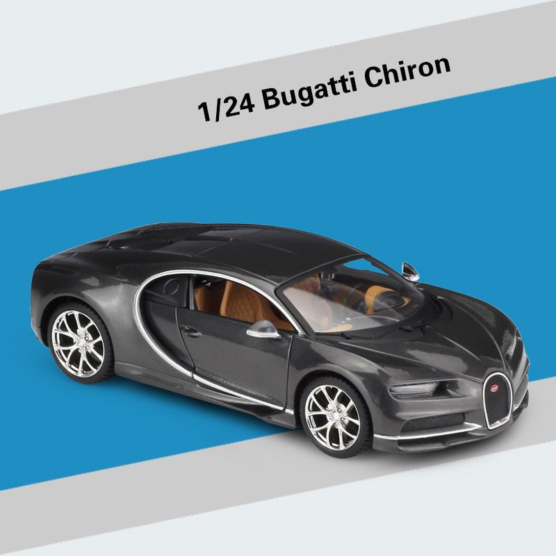 1:24-масштабная модель автомобиля Bugatti Chiron, игрушки для мальчиков, игрушки в возрасте от 3 до 12 лет, транспортные средства с откатным механизмом, музыкальными дверями и открывающимся капотом