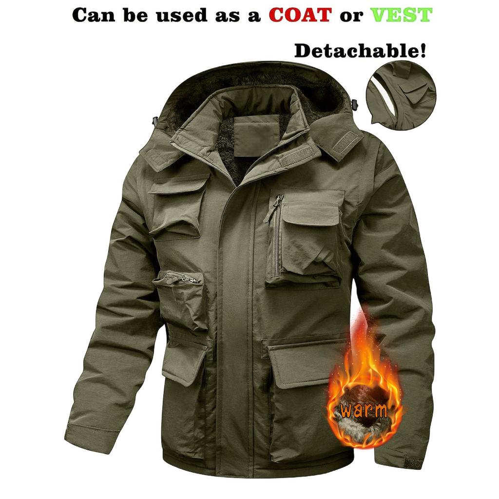 Men's Solid Color Detachable Outdoor Workwear Casual Loose Zipper Pocket Plush Long Sleeve Jacket