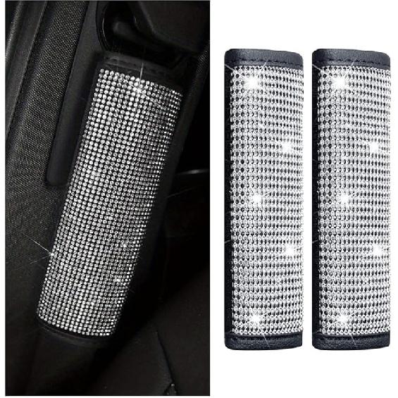 2PCS Bling Car Seat Belt Shoulder Pads, Bling Rhinestones Seat Belt Covers For Women, Car Seatbelt Strap Pad With Crystal Diamond, Car Interior