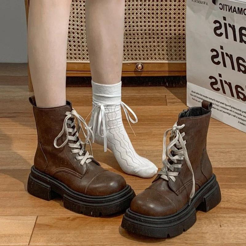 Fashion Platform Heel Women Motorcycle Boots Fashion Elegant Side Zippers Shoes Square Heel Women's Morder Short Booties