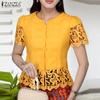Women Summer V-neck Hollow Crochet Splice Short Sleeve Casual Blouse