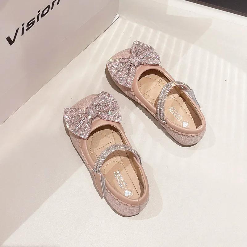 Детские кожаные туфли с блестками и бантом, туфли принцессы для девочек, милые шикарные детские повседневные свадебные туфли, неглубокие, универсальные