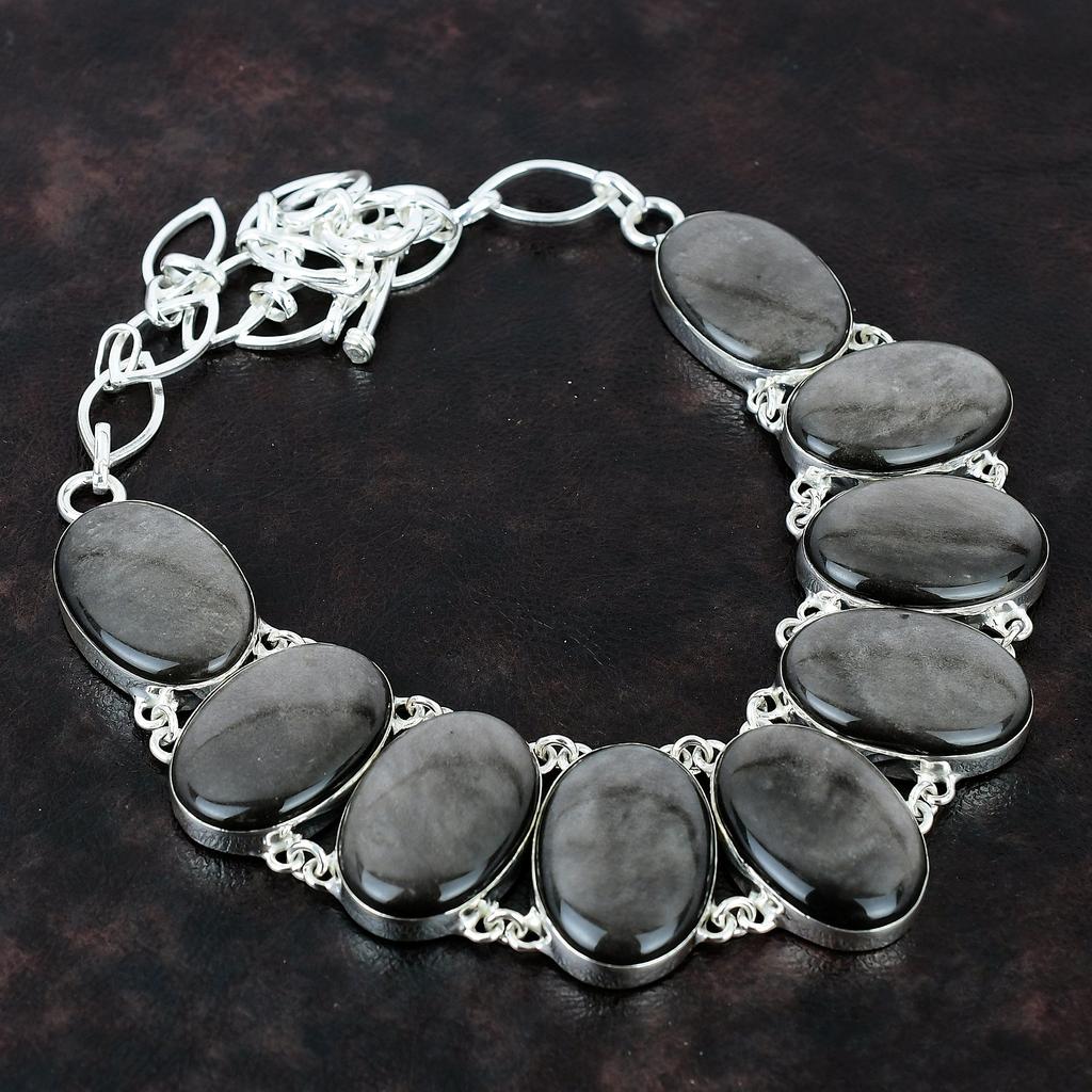Silver Sheen Obsidian Necklace Real Gemstone Necklace 925 Sterling Silver Necklace Adjustable Chain Necklace Handmade Necklace Gift For Her