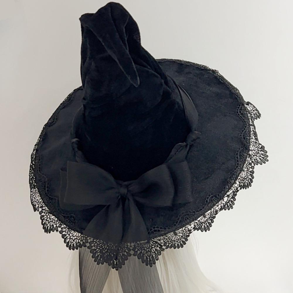 Vintage Lace Trim Witch Pointed Hat Adult Size Bandage Bow Wizard Hat Cosplay Costume Lolita Bucket Hat Halloween Party