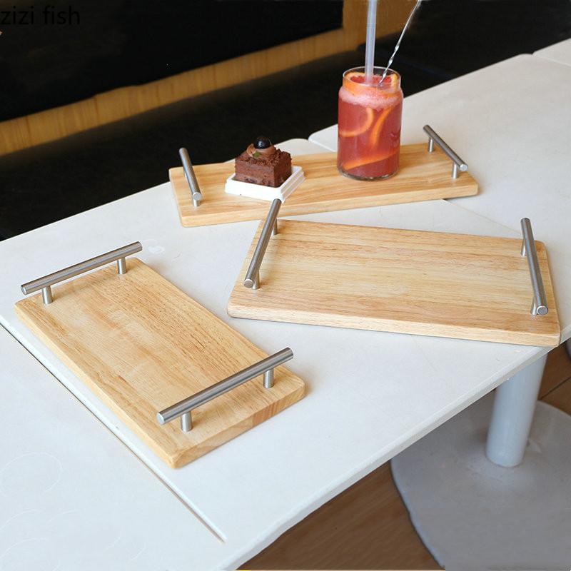 Прямоугольный деревянный поднос с металлической ручкой, поднос для хранения, сервировочная тарелка, подносы для чая, форма для торта, десертная тарелка, тарелки для суши, органайзер для тарелок