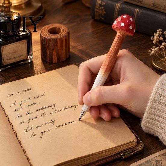 Fine Point Gel Pen Wood Carving Mushroom Pen, Shape Writing with Base, Student 0.5MM Smooth for Students School Office Desk Accessories
