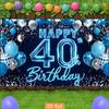 Hang a banner. A 2D flat banner. Happy 40th birthday. Blue and silver balloons. Paper scraps.PMJ