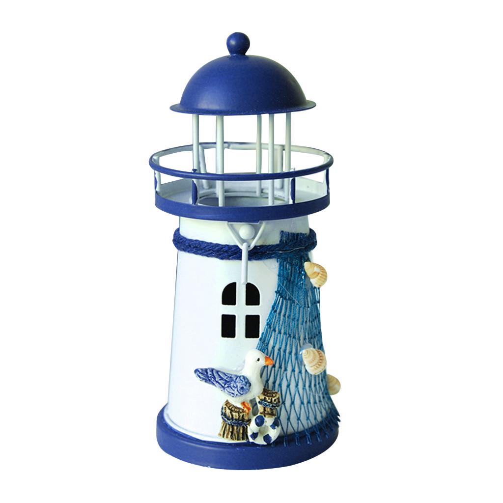 Mediterranean Lighthouse Iron Candle Candlestick Blue White Home Table Decor