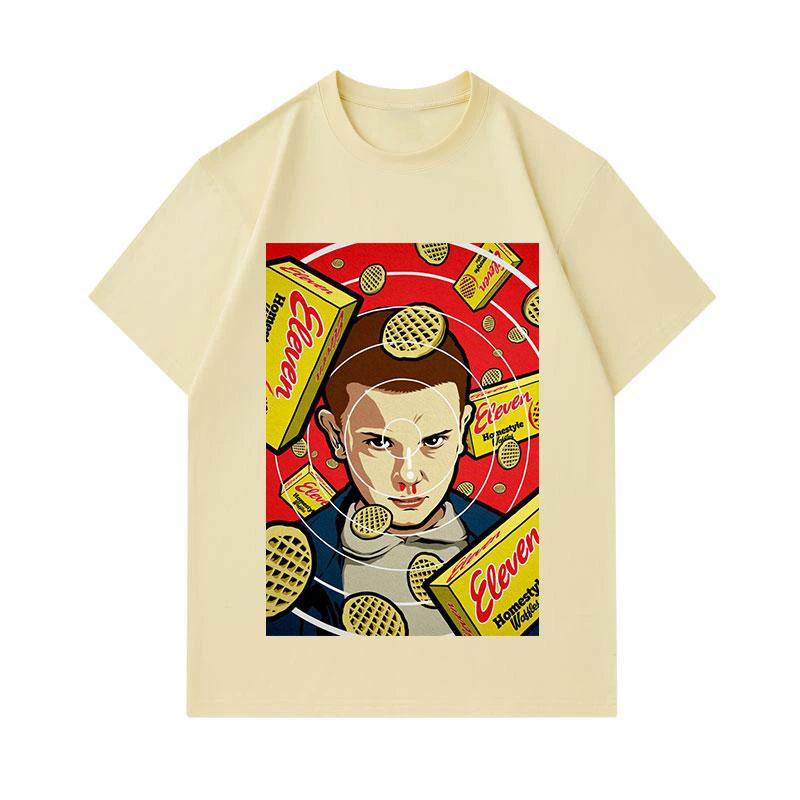 100% Cotton Men Crew Neck Short Sleeve T-Shirt, Retro Eleven Waffle Graphic Casual Comfortable Tees, Classic Sci-Fi Character Printed Daily Wear Tops