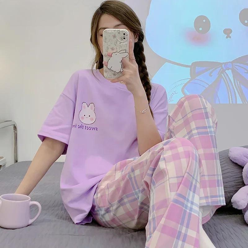 Новая пижама, мягкая хлопковая пижама для женщин, летние брюки в клетку с короткими рукавами, пижама с принтом кролика в Корейском стиле