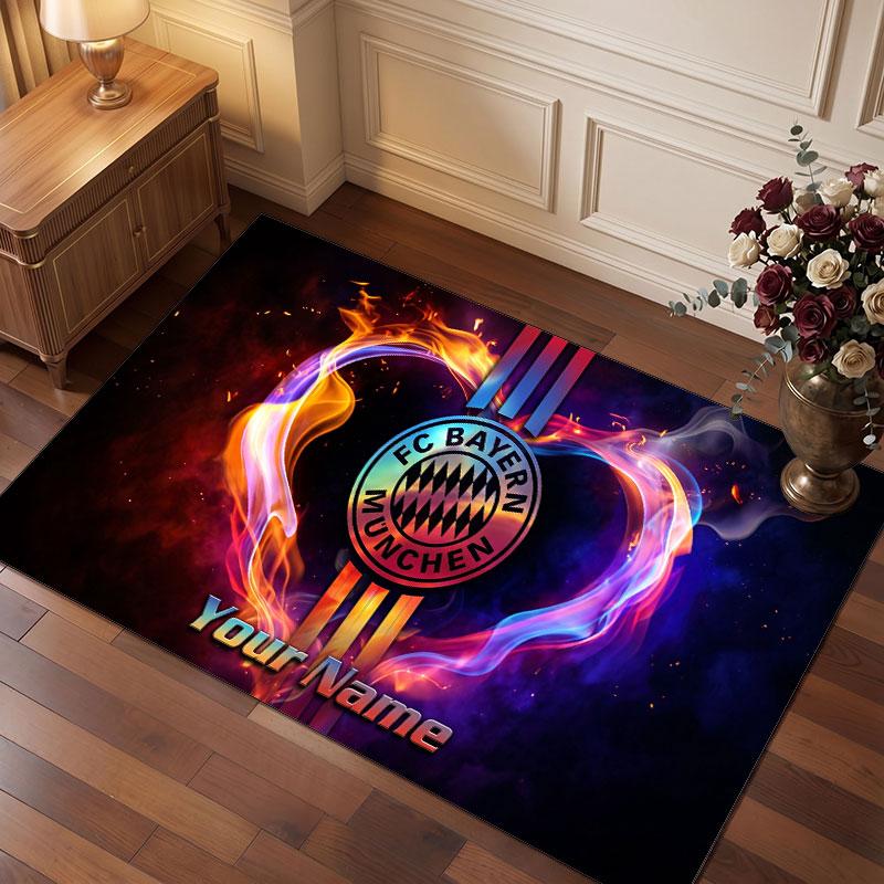 Bayern Munich Custom Crystal Velvet Rug, Personalized Name Text Print, Football Logo Soft Non‑Slip Floor Mat Home Decor Gift