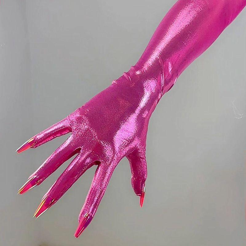 ГОЛОГРАФИЧЕСКИЕ Лазерные ПЕРЧАТКИ ДЛЯ НОГТЕЙ Металлические Блестящие Синие Сенсорные 70СМ Длинные ТЕХНОлогичные Тонкие Эластичные Холо Вечерние Перчатки с Ногтями