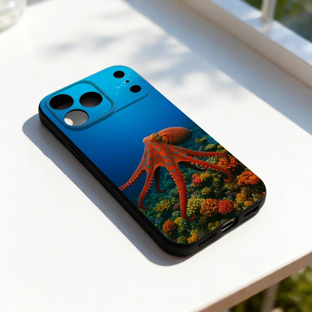 Морская жизнь Осьминог-с Чехол для телефона iPhone 11,12,13,14,15,16,17,Pro,Max,Plus,E,SE4,Air,Mini Черный Мягкий чехол
