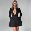 Deep V-Neck Women Blazer Dress Black Long Sleeve A-Line Mini Dress Female Winter New Elegant Partywear Vestidos