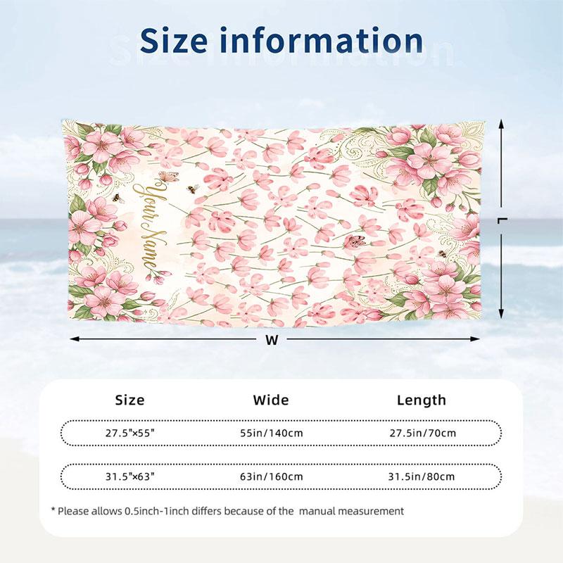 Cherry Blossom Artwork Theme Quick Dry Beach Towel Custom Name Text Print Large Sand Resistant Towel Beach Vacation