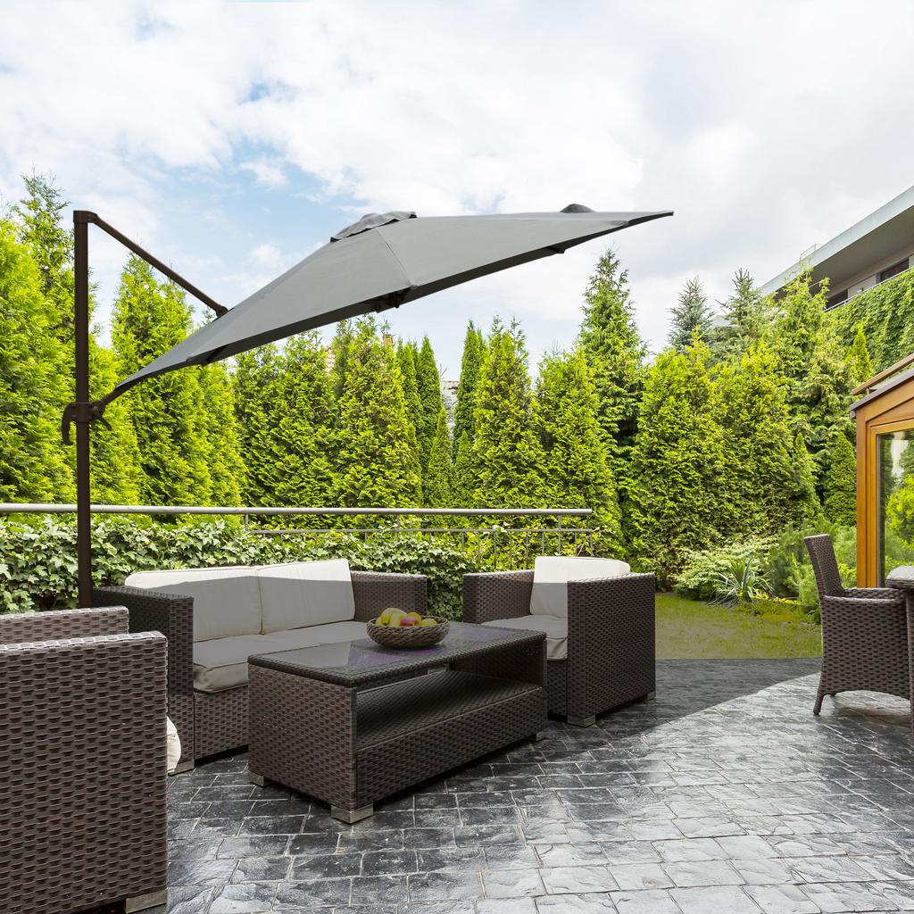 3(m) Offset Parasol Cantilever Hanging Umbrella 360 degrees Rotation w/ Base Dark Grey