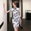 Летний молодежный узкий ципао: Платье с коротким рукавом, приталенное, облегающее бедра