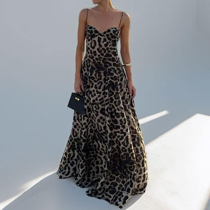 Women Fashion Sexy Leopard Print High Waist Spaghetti Strap Long Dress