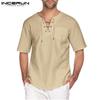 Summer Cotton Linen Mens Retro Short Sleeves Lace Up Loose Solid Color Tee Tops