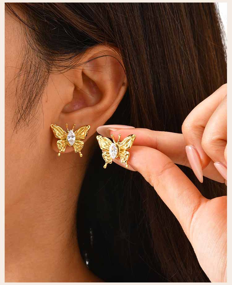 Dainty Marquise Crystal Butterfly Stud Earrings Stainless Steel 18K PVD Gold Plated Waterproof Tarnish Free Women Jewelry