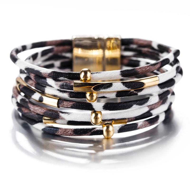 Vintage Metal Tube Leopard Leather Bracelet for Women Men Boho Multilayer Wrap Wide Bracelets & Bangles Charm Jewelry