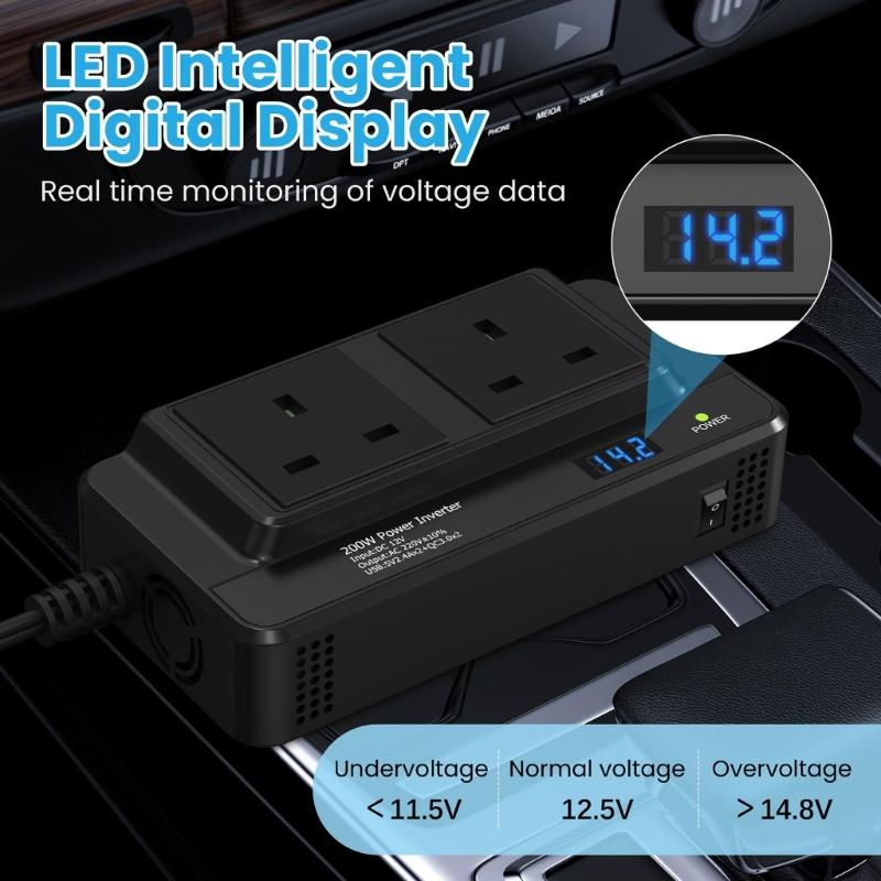 Автомобильный инвертор мощности 200 Вт, преобразователь 12 В в 220 В с 4 USB-портами и двойными розетками, удобный для переноски, для автомобилей, грузовиков, автодомов