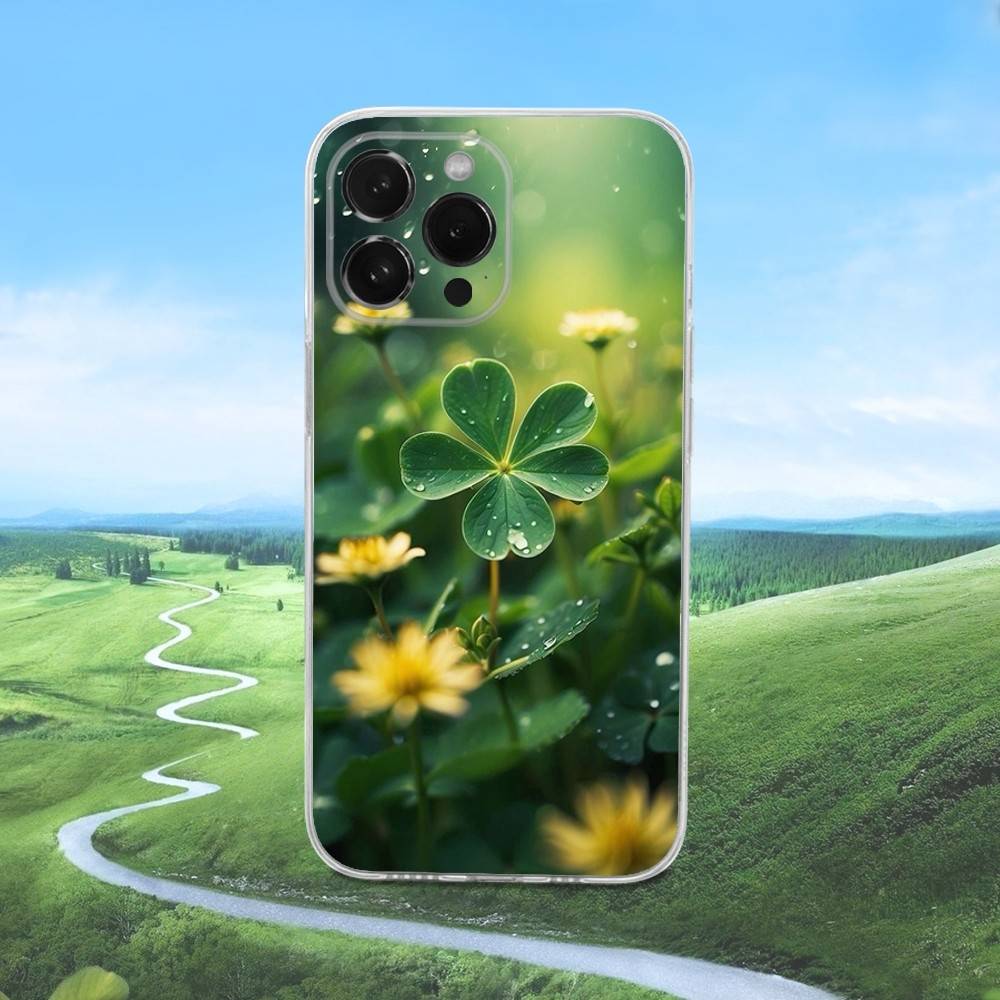 Чехол для телефона 'Четырехлистный клевер' для iPhone 16,15,14,13,12,11 Pro,Max,Plus,X,XS,XR,SE,Mini Прозрачный силиконовый Мягкий