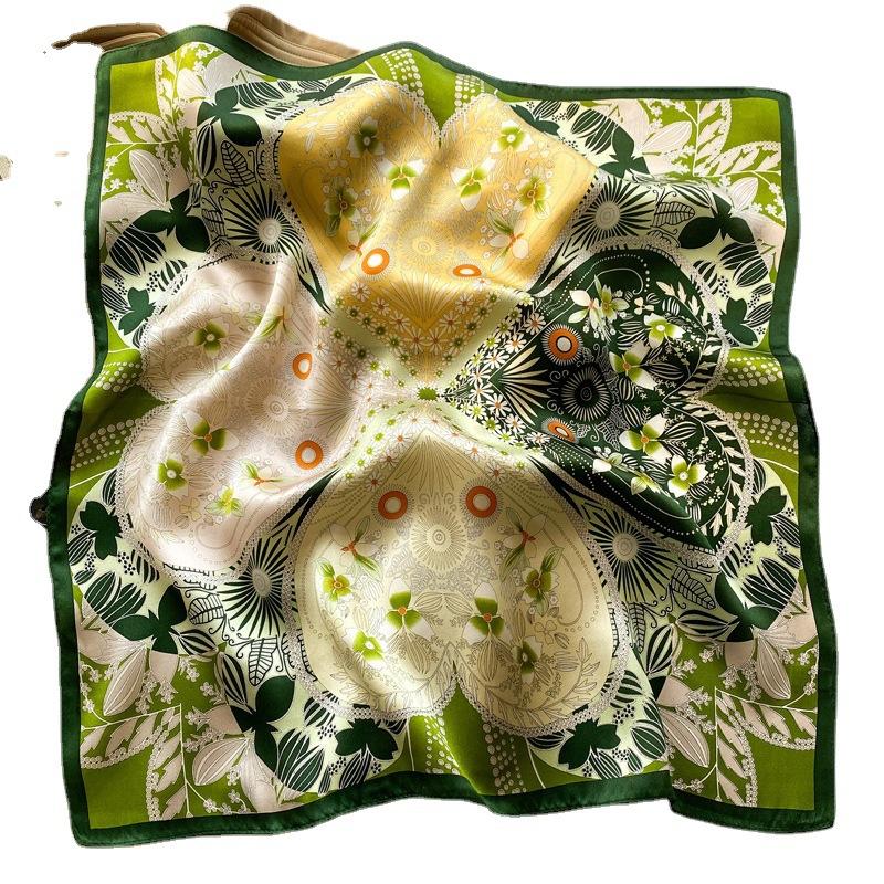 Green floral 100% mulberry silk scarf autumn and winter small square scarf versatile silk scarf temperament Korean silk scarf women