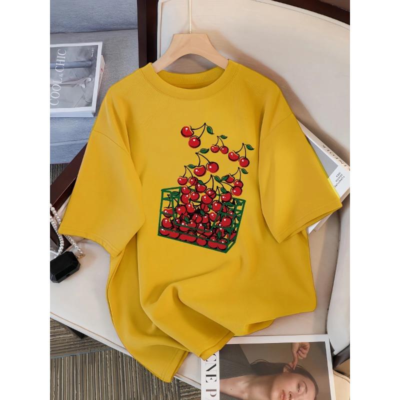 Футболка женская с принтом «Корзина вишен», дышащая, повседневная, летняя, с коротким рукавом, мягкая, свободного кроя, уличная одежда, женская футболка