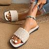 Fashion Classic Plus Size Woven Slippers for Women Summer Square Toe Low Heel Slides Sandals Woman Outdoor Pu Leather Beach Flip Flops