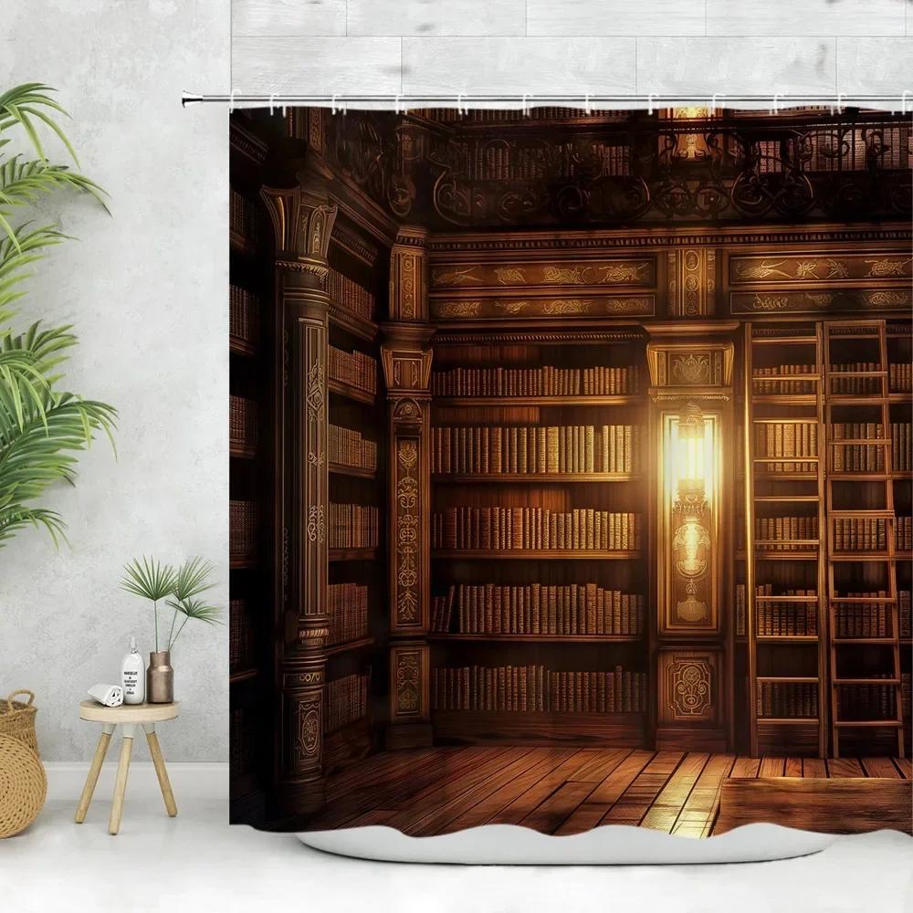 Vintage Library Shower Curtain Old Book Bookshelf Candle Magic Wooden Antique Polyester Fabric Bathroom Decora Curtain Washable