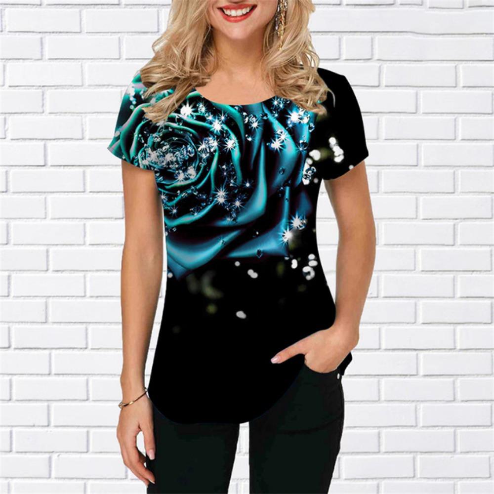 Новая женская роскошная одежда, летняя одежда, футболки с принтом роз 3D, футболки для девочек, уличная одежда с круглым вырезом, свободная одежда Laides 2023