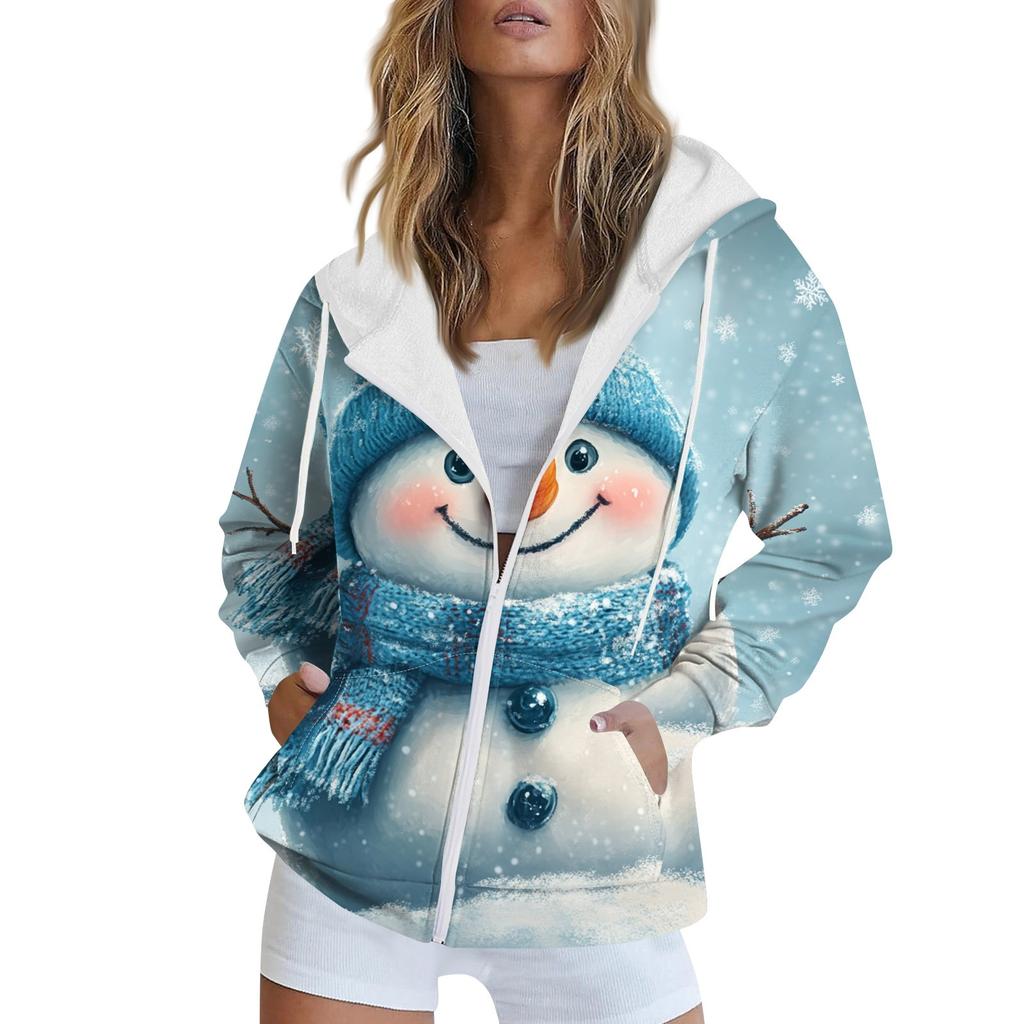 Женская рождественская печатная толстовка осень-зима с длинным рукавом кардиган куртка с карманами на молнии толстовка с капюшоном верхняя одежда