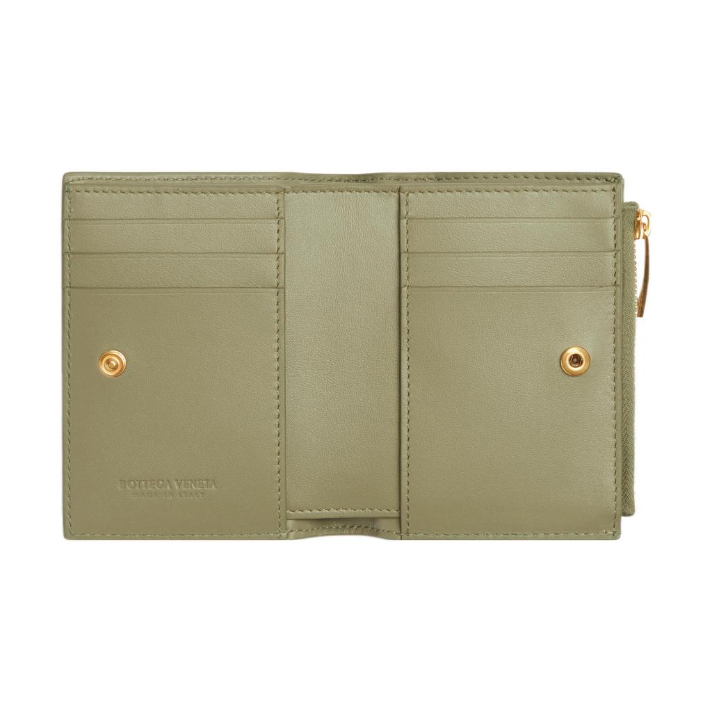 Bottega Veneta Cassette Intreccio Woven Design Double Fold Zipper Wallet Small Women wallet Cave-Green 706010VCQC42916