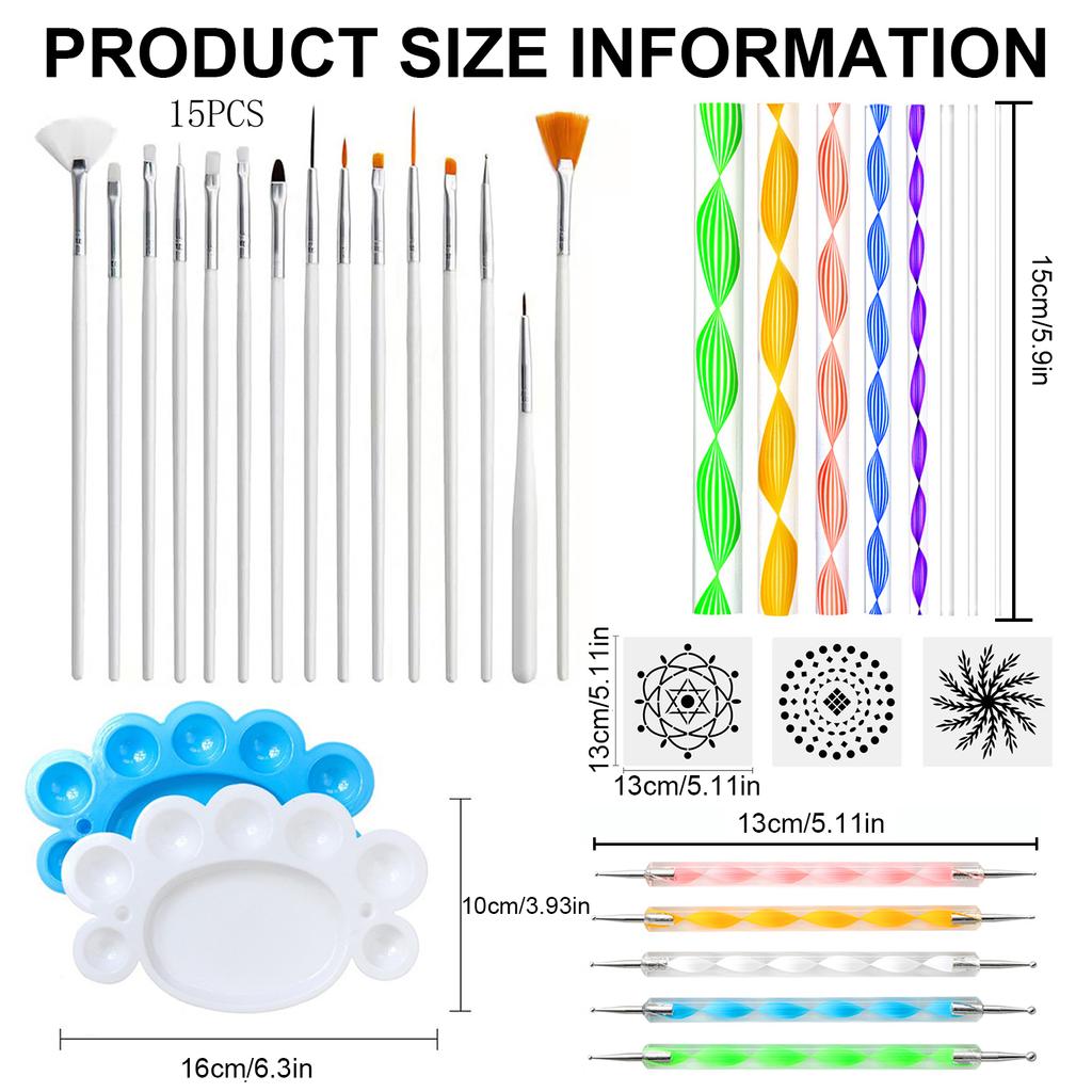 Набор из 33 инструментов для нанесения точек на мандалу с трафаретами для рисования, кистью, поддоном для краски для холста, камня, рисования ногтей