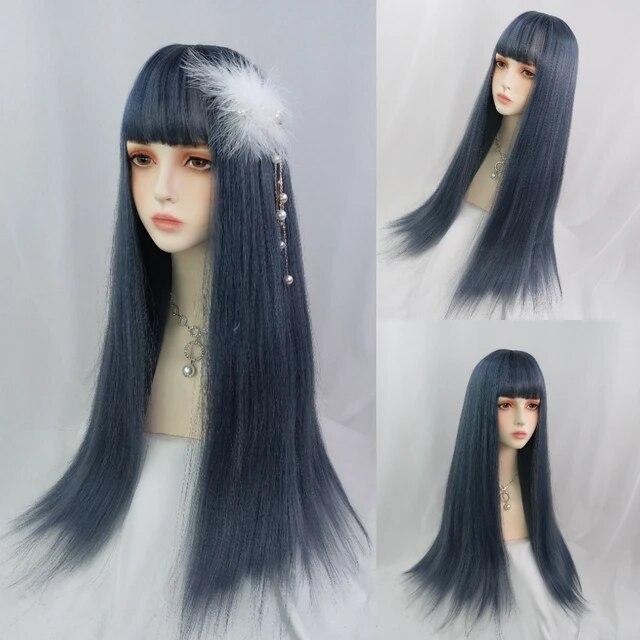 Темно-синий длинный прямой синтетический парик Лолиты для косплея с челкой для женщин, вечерние головные уборы, красные, розовые, светлые волосы