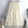 Qooth летняя длинная макси-юбка женская FCute с высокой талией плиссированная юбка из тюля Kawaii сетчатая газовая юбка