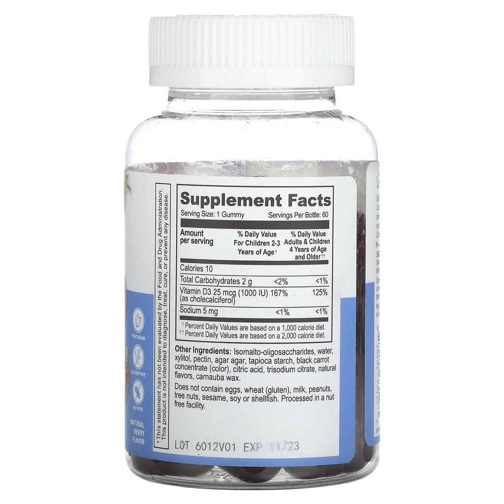 Детские жевательные витамины D3, без сахара, натуральная ягода, 25 мкг (1,000 МЕ), 60 мармеладок