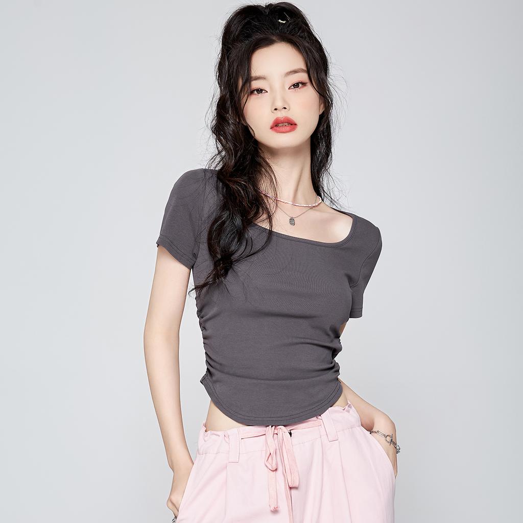 Irregular college style short sleeved T-shirt for women