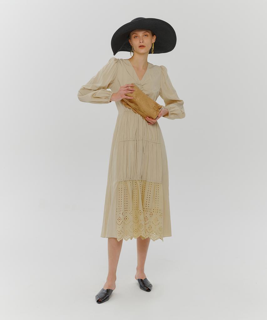 Etmont Stair Shirring Punching Dress Light Beige