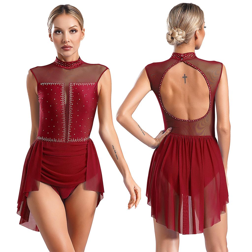 Женский лирический танцевальный костюм танцевальная одежда без рукавов открытая спина прозрачная сетка пэчворк блестящие стразы купальник платье