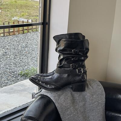 Женские ботинки Мартин квадратный носок толстый каблук заклепки короткие ботинки западные ковбойские ботинки